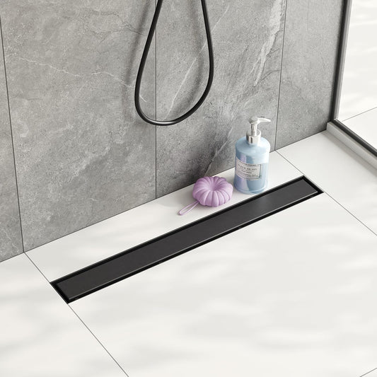 24-Inch Linear Shower Drain,With 2-In-1 Flat & Tile Insert Shiny Black Cover, Rectangle Shower Floor Drain, Floor Shower Drain with Adjustable Leveling Feet, Hair Strainer