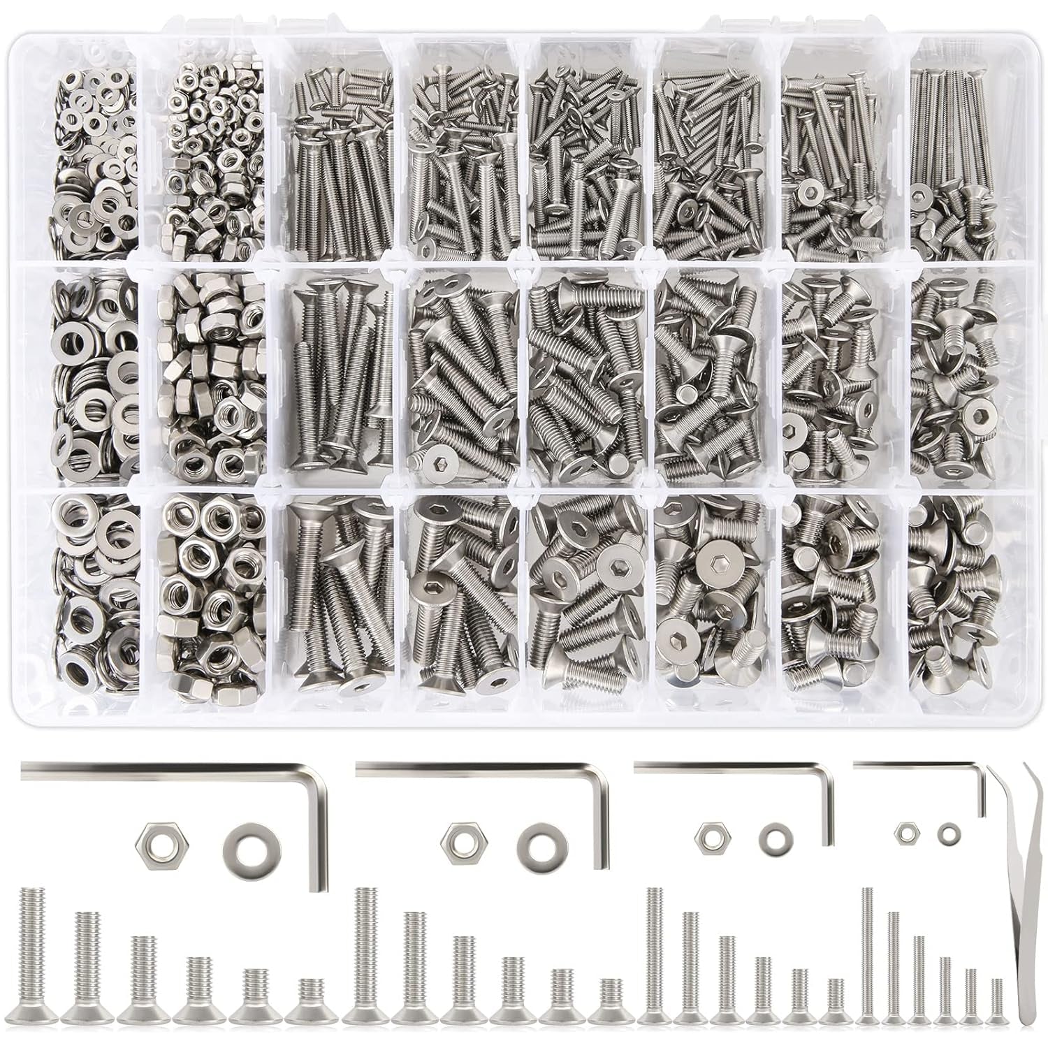 24-Size M2–M5 Hex Socket Flat Head Screw & Nut Kit – 304 Stainless Steel, 8mm–25mm