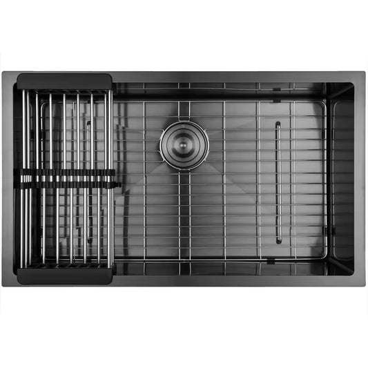 32 In. X 19 In. Undermount Single Bowl Gunmetal Black Stainless Steel Kitchen Sink with Bottom Grid and Drying Rack