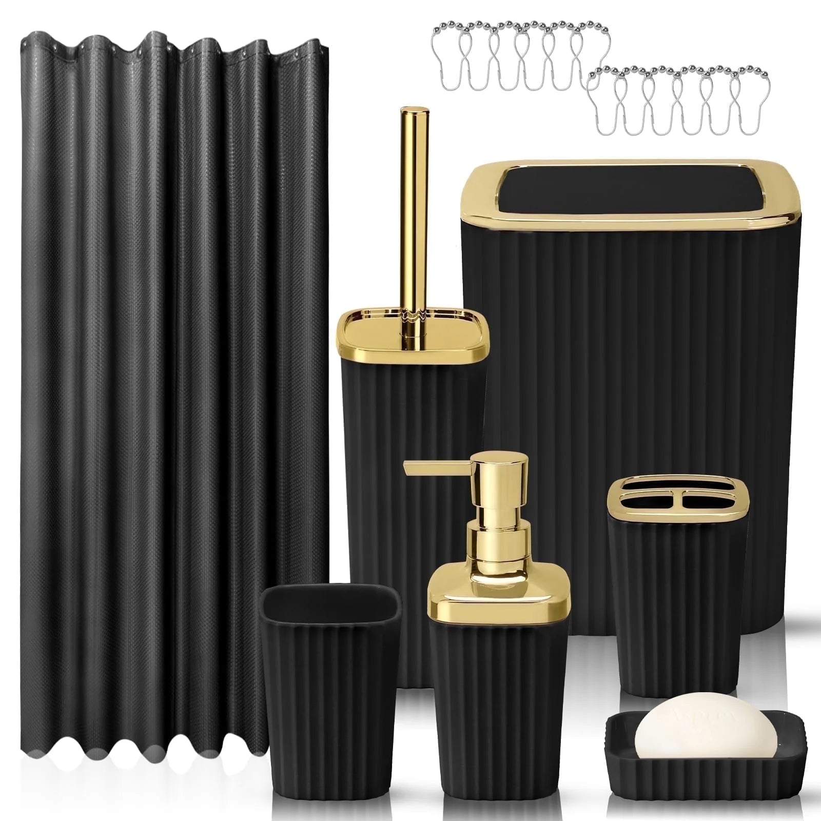 19-Piece Black Bathroom Accessories Set with Shower Curtain – Complete Space-Saving Bathroom Kit