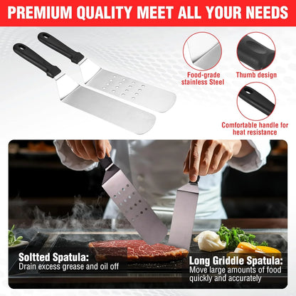 128 PCS Griddle Accessories Kit, Stainless Steel Grill Tool Set with Spatulas, Scrapers, Squeeze Bottles, Skewers, Outdoor BBQ Set for Men Women Dad