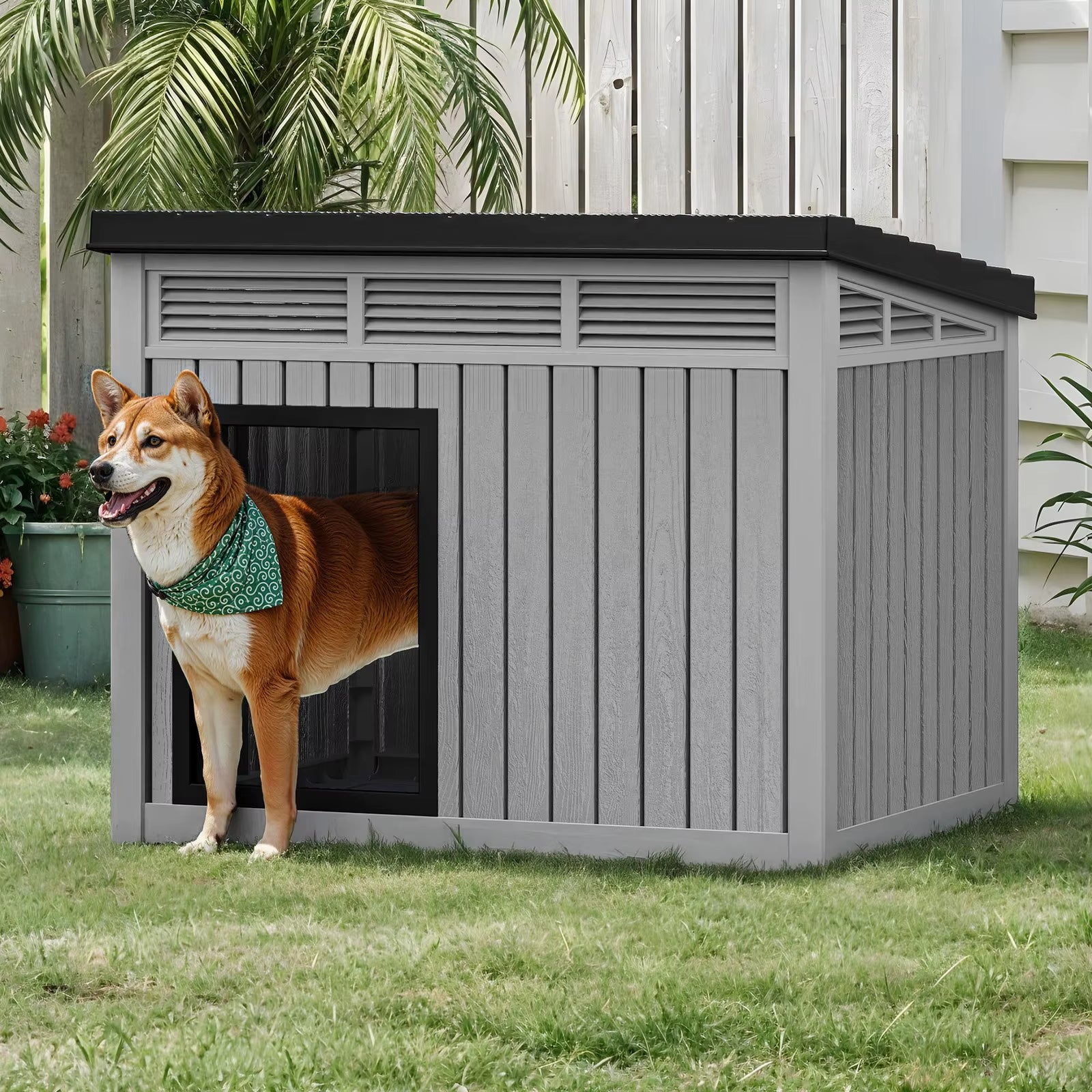 Gray Plastic Dog House with Lift-Off Roof – Outdoor & Indoor Kennel with Ventilation for Small to Medium Dogs