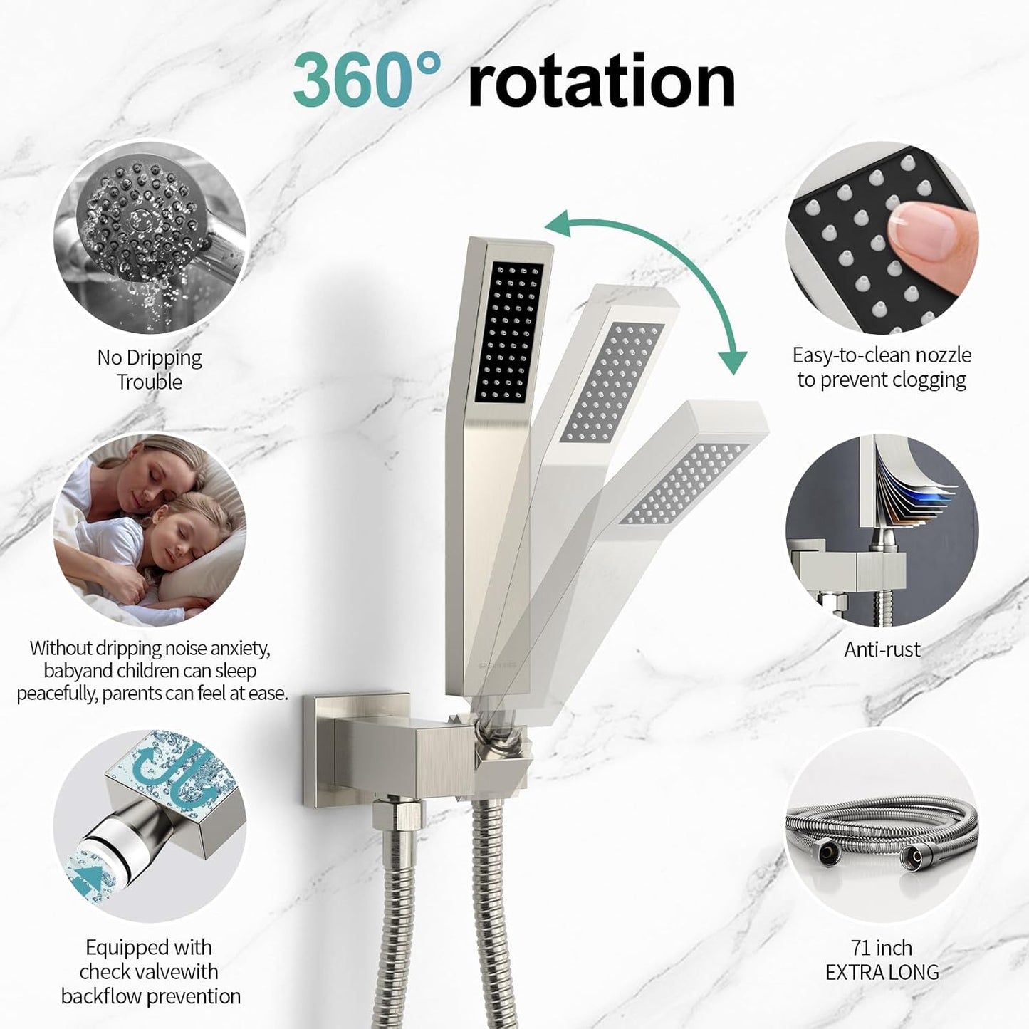 10” Square Rain Shower Faucet Set with Handheld Spray – Brushed Nickel, Wall-Mounted