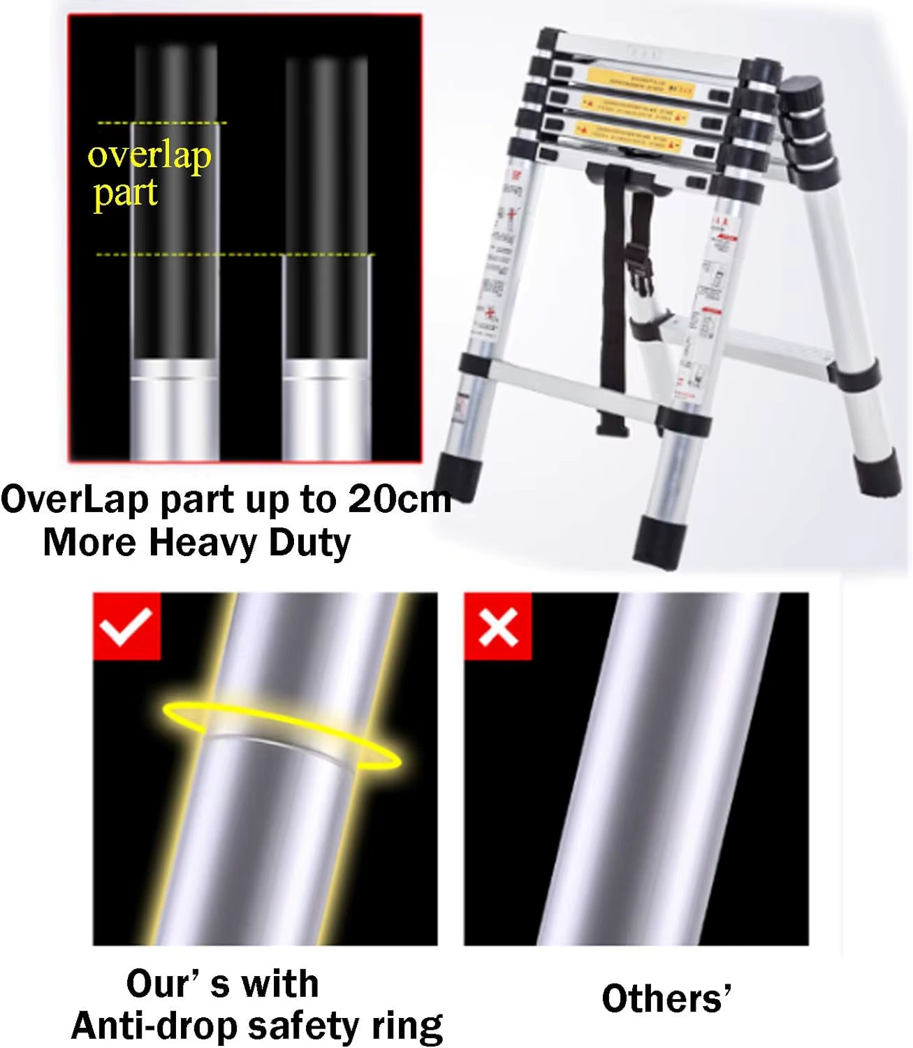 6+7 Step Telescopic Aluminum Extension Ladder – A-Frame Multi-Purpose Folding Ladder, Anti-Slip, 150kg Capacity
