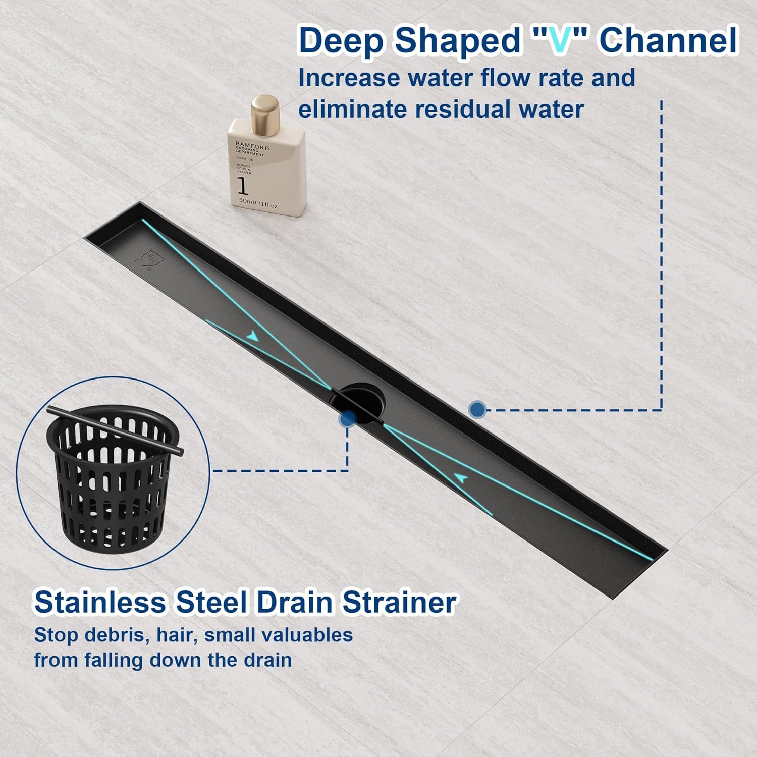 24-Inch Linear Shower Drain,With 2-In-1 Flat & Tile Insert Shiny Black Cover, Rectangle Shower Floor Drain, Floor Shower Drain with Adjustable Leveling Feet, Hair Strainer