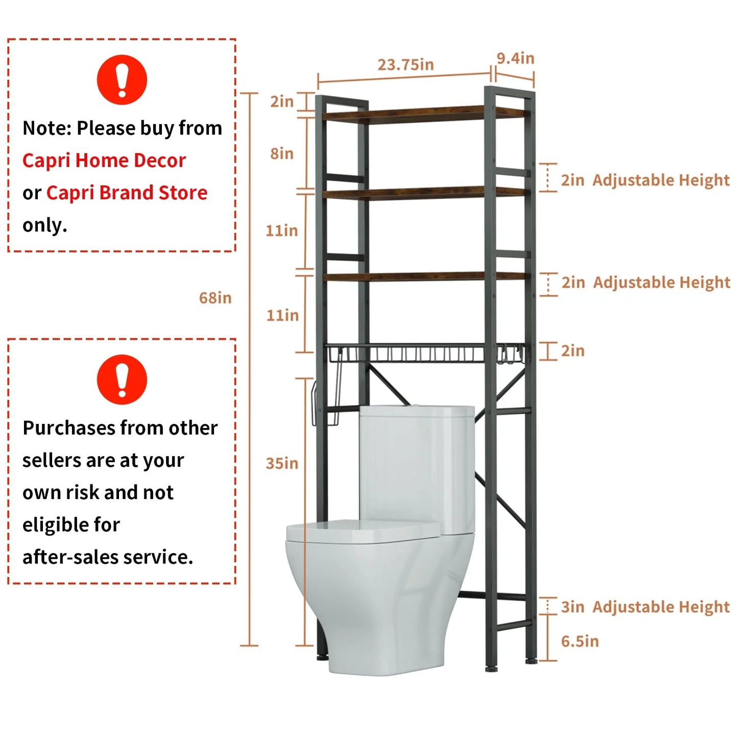 Rustic Brown 4-Tier Over-the-Toilet Storage Rack – Adjustable Shelves, 9 Hooks & Toilet Paper Holder