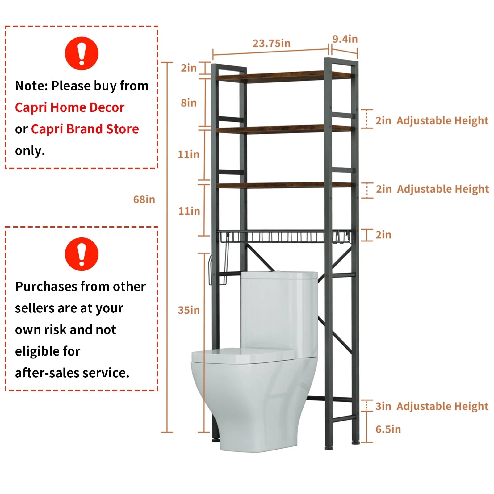 Rustic Brown 4-Tier Over-the-Toilet Storage Rack – Adjustable Shelves, 9 Hooks & Toilet Paper Holder