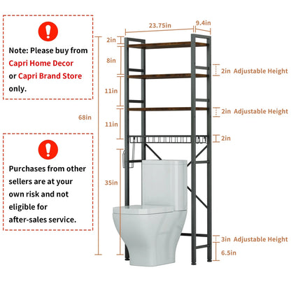 Rustic Brown 4-Tier Over-the-Toilet Storage Rack – Adjustable Shelves, 9 Hooks & Toilet Paper Holder