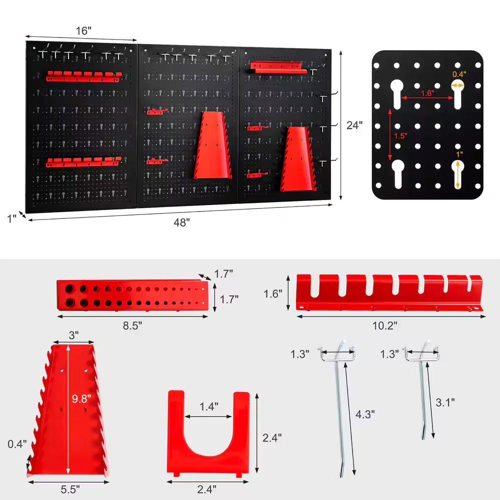 Garage Wall Pegboard Organizer 24"x48" – 3 Metal Boards + 25 Tool Storage Accessories for DIY & Workshop