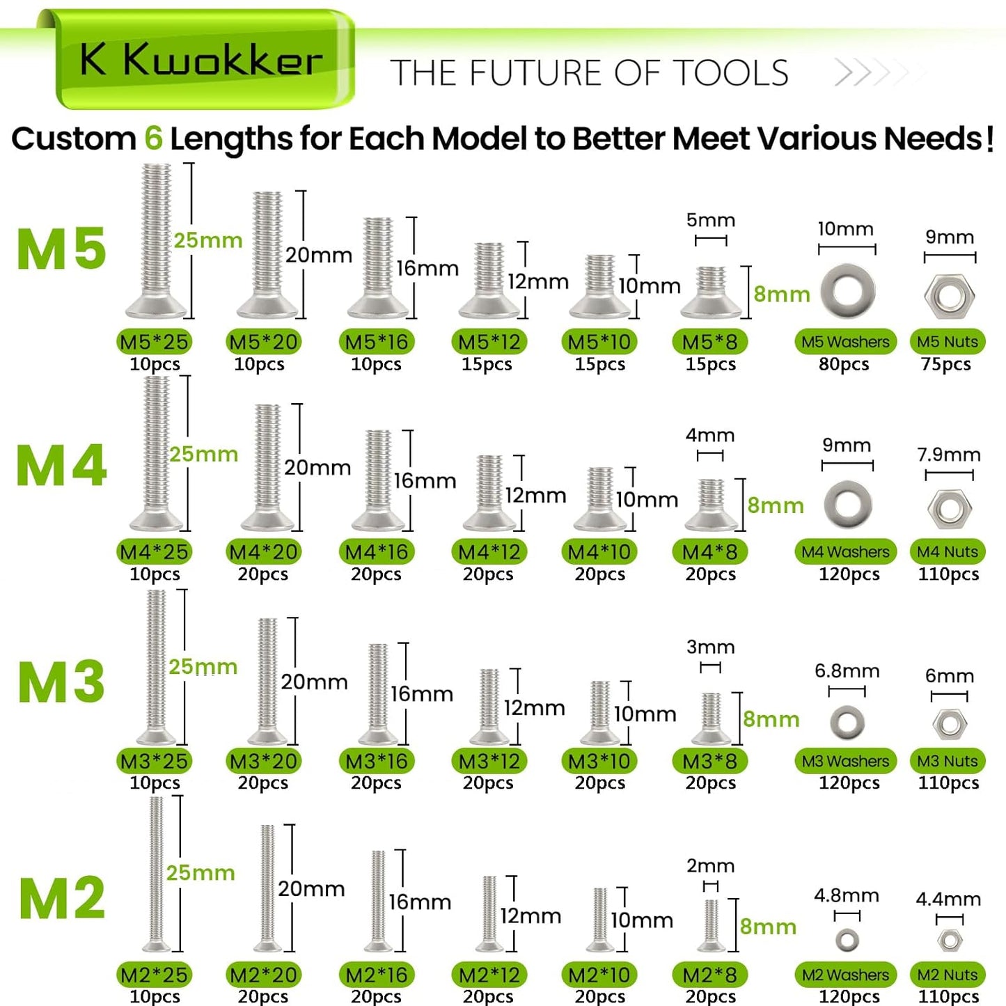 24-Size M2–M5 Hex Socket Flat Head Screw & Nut Kit – 304 Stainless Steel, 8mm–25mm