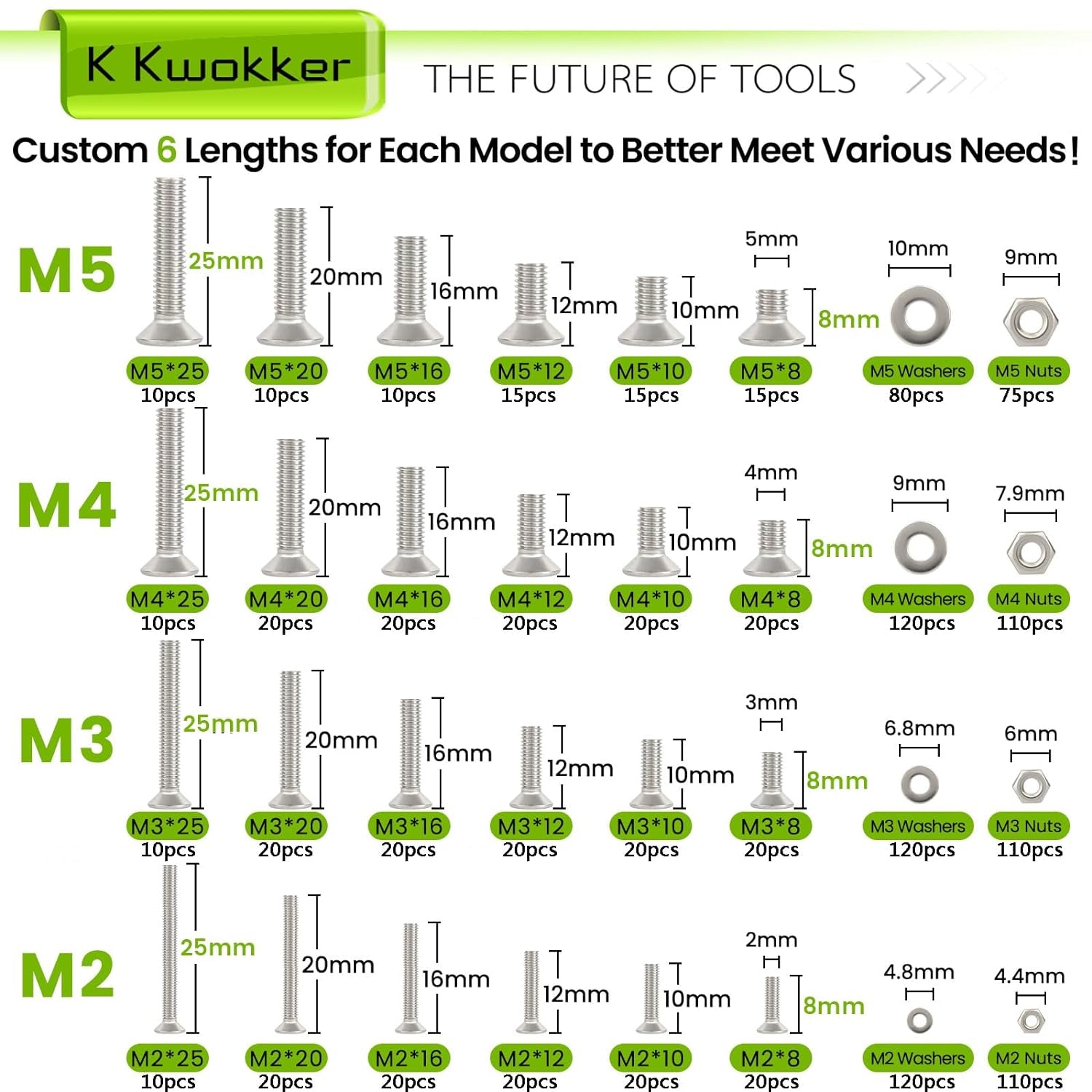 24-Size M2–M5 Hex Socket Flat Head Screw & Nut Kit – 304 Stainless Steel, 8mm–25mm