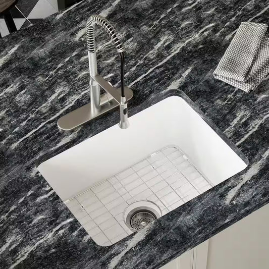 24 In. White Undermount/Drop-In Kitchen Sink Single Bowl, Fireclay Drop-In Kitchen Sink, Drain Kit and Grid Included