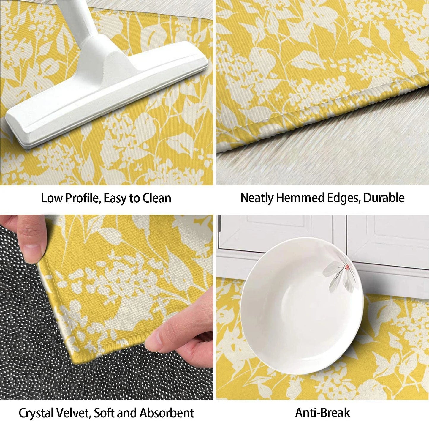 Yellow Kitchen Rug Mat Set of 2 Spring Flowers Floral Kitchen Rugs Washable Kitchen Floor Mats Non-Slip Yellow Kitchen Decor