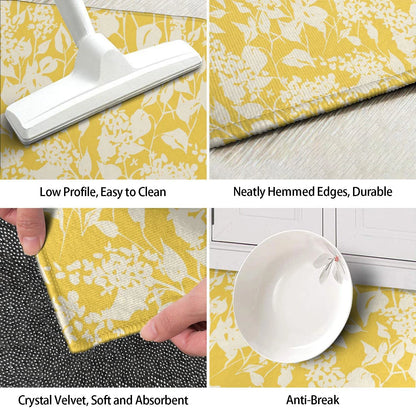 Yellow Kitchen Rug Mat Set of 2 Spring Flowers Floral Kitchen Rugs Washable Kitchen Floor Mats Non-Slip Yellow Kitchen Decor