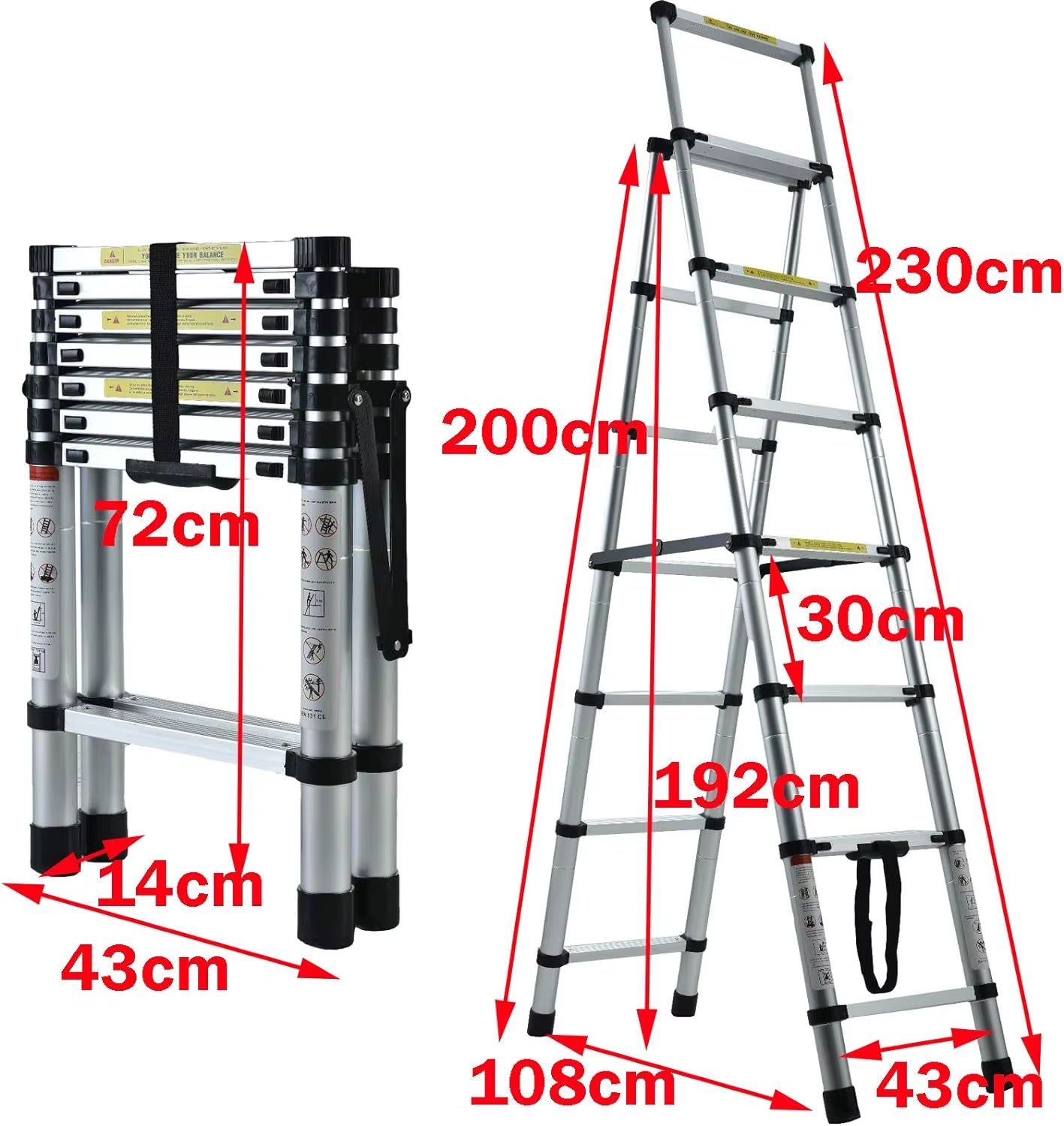 6+7 Step Telescopic Aluminum Extension Ladder – A-Frame Multi-Purpose Folding Ladder, Anti-Slip, 150kg Capacity