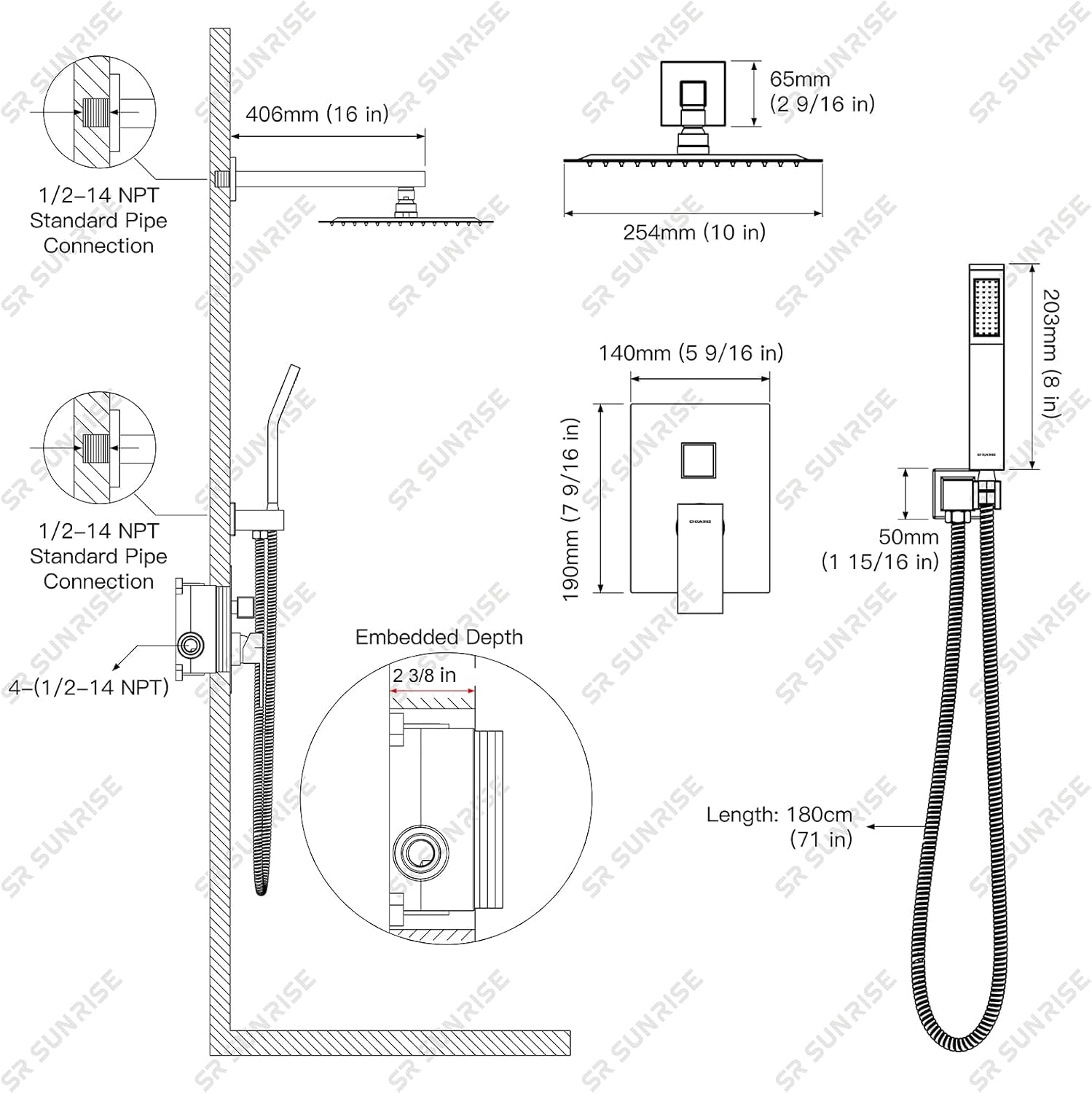 10” Square Rain Shower Faucet Set with Handheld Spray – Brushed Nickel, Wall-Mounted