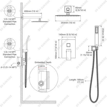 10” Square Rain Shower Faucet Set with Handheld Spray – Brushed Nickel, Wall-Mounted
