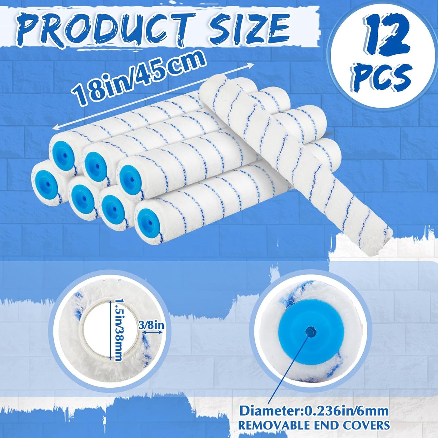 12-Pack 18 Inch Paint Roller Covers 3/8" Nap Microfiber Rollers for Large Surfaces