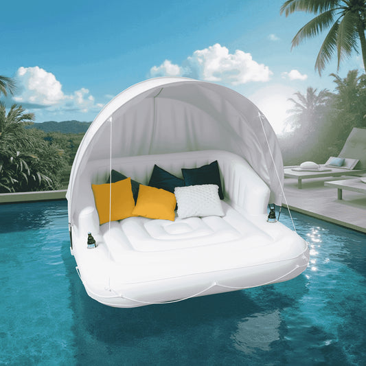 Inflatable Tanning Pool Float 70" – 2 Person with Canopy & Drink Holders