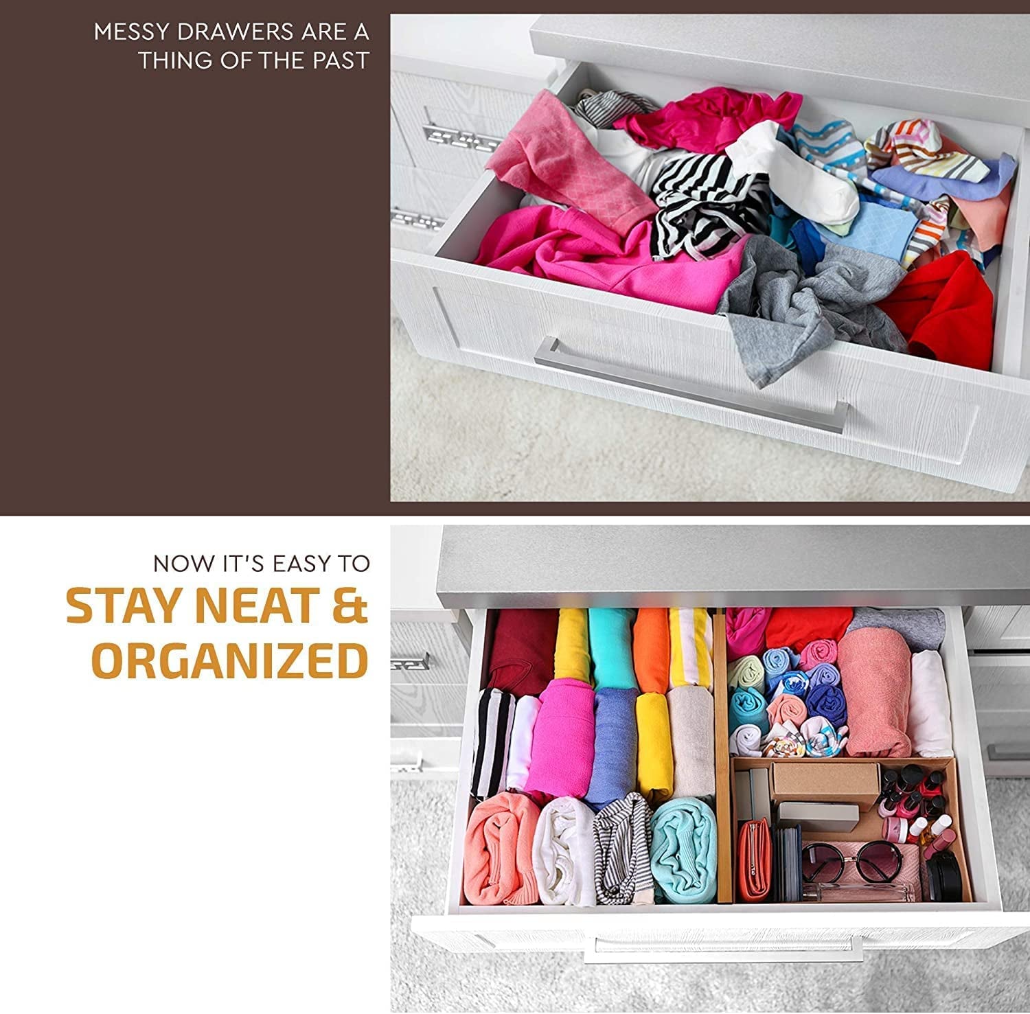 6 Bamboo Drawer Organizers – Expandable Divider Set for Kitchen