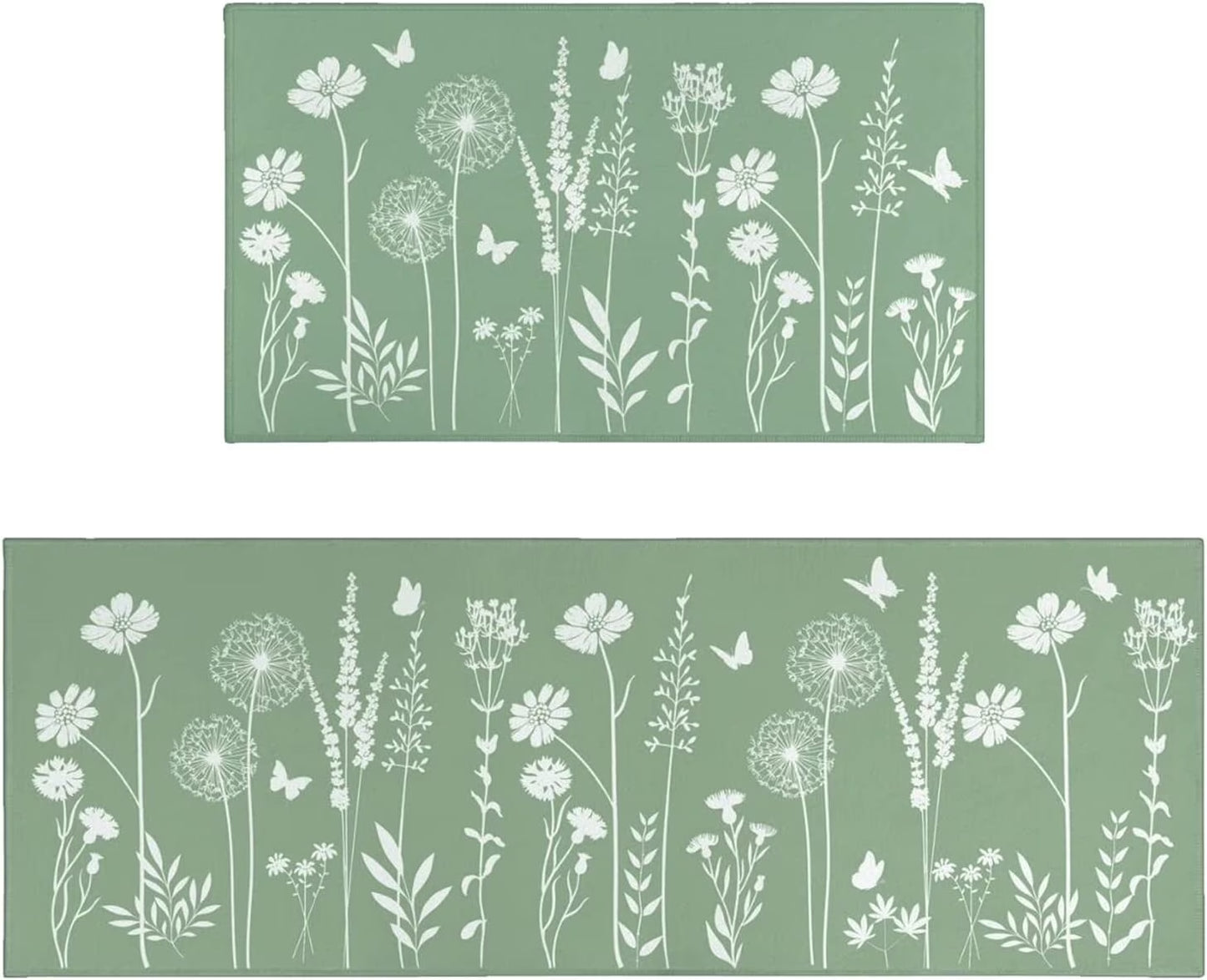 Sage Green Kitchen Mat Rug Set of 2- Plant Floral Butterfly Kitchen Rugs with Runner Kitchen Decor Accessories Things- Leaves Rugs for Home Kitchen Large- 17X24 and 17X48 Inch