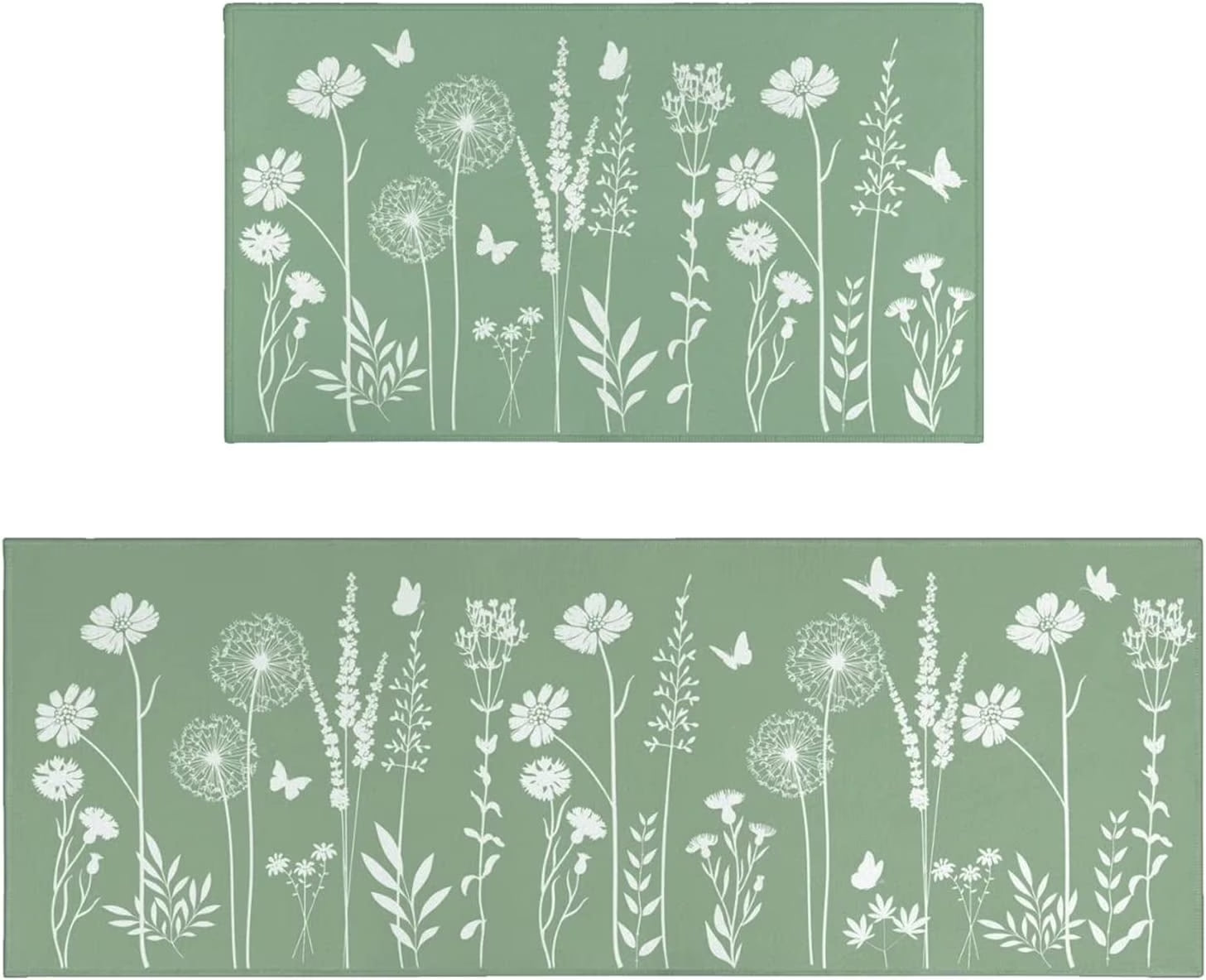 Sage Green Kitchen Mat Rug Set of 2- Plant Floral Butterfly Kitchen Rugs with Runner Kitchen Decor Accessories Things- Leaves Rugs for Home Kitchen Large- 17X24 and 17X48 Inch