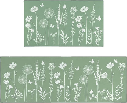 Sage Green Kitchen Mat Rug Set of 2- Plant Floral Butterfly Kitchen Rugs with Runner Kitchen Decor Accessories Things- Leaves Rugs for Home Kitchen Large- 17X24 and 17X48 Inch