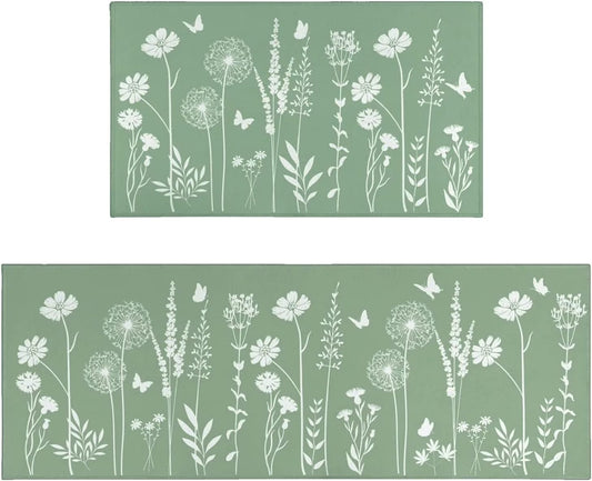 Sage Green Kitchen Mat Rug Set of 2- Plant Floral Butterfly Kitchen Rugs with Runner Kitchen Decor Accessories Things- Leaves Rugs for Home Kitchen Large- 17X24 and 17X48 Inch