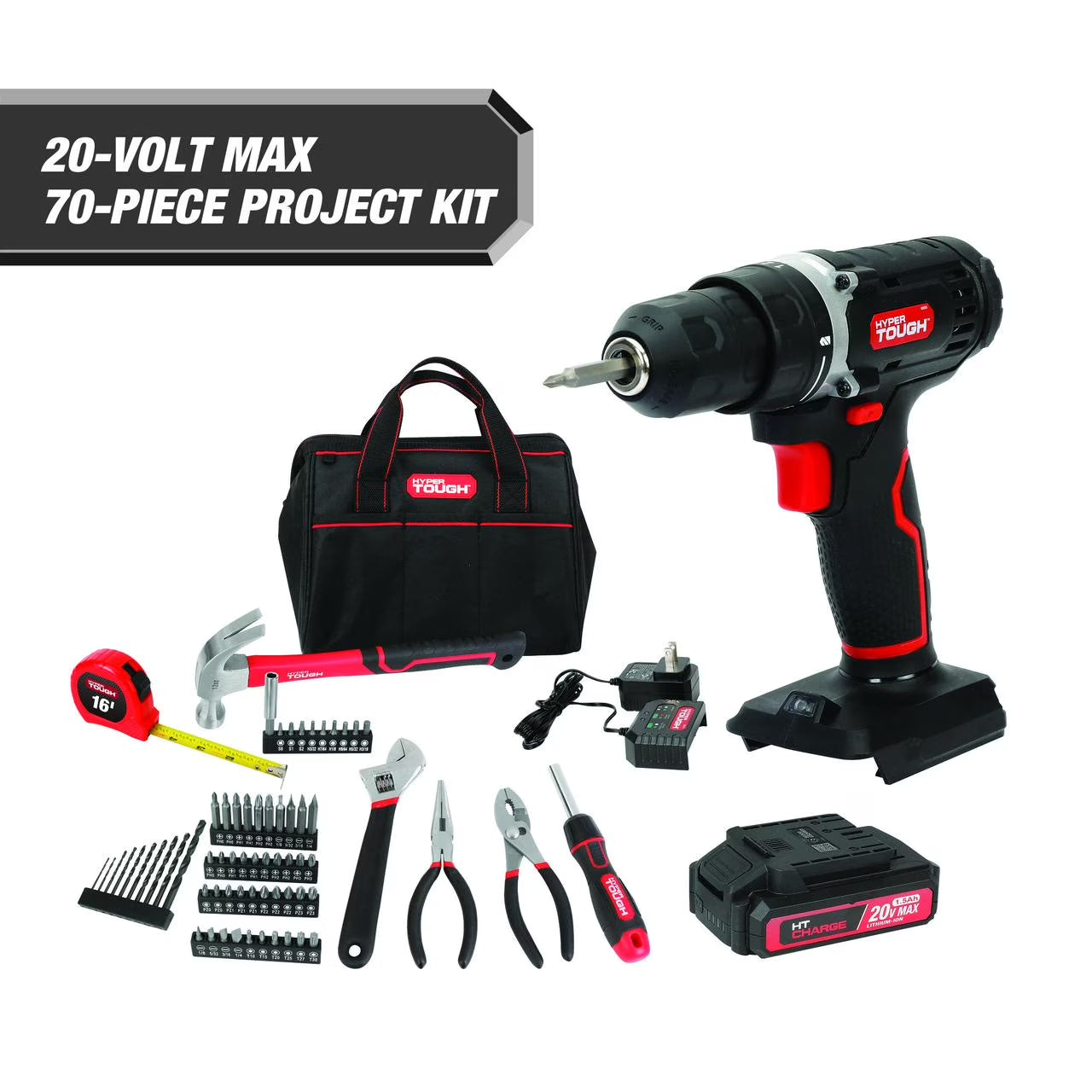 Cordless 20V Drill Project Kit – 70-Piece Set with Battery & Charger