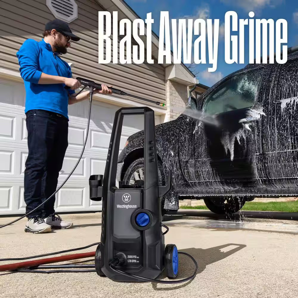 2000 Max PSI 1.76 Max GPM Cold Water Electric Powered Pressure Washer W/Anti-Tipping Technology and 2-Quick Connect Tips