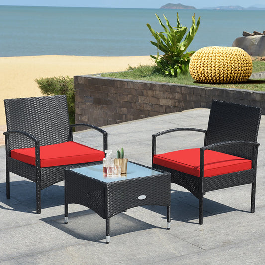 3-Piece Patio Wicker Rattan Furniture Set – Coffee Table & 2 Red Cushioned Chairs