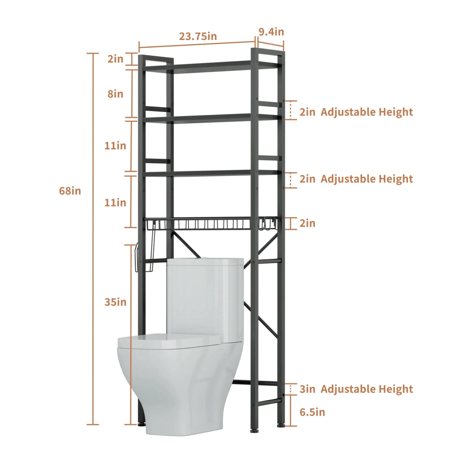 Black 4-Tier Over-the-Toilet Storage Organizer – Freestanding Bathroom Space Saver