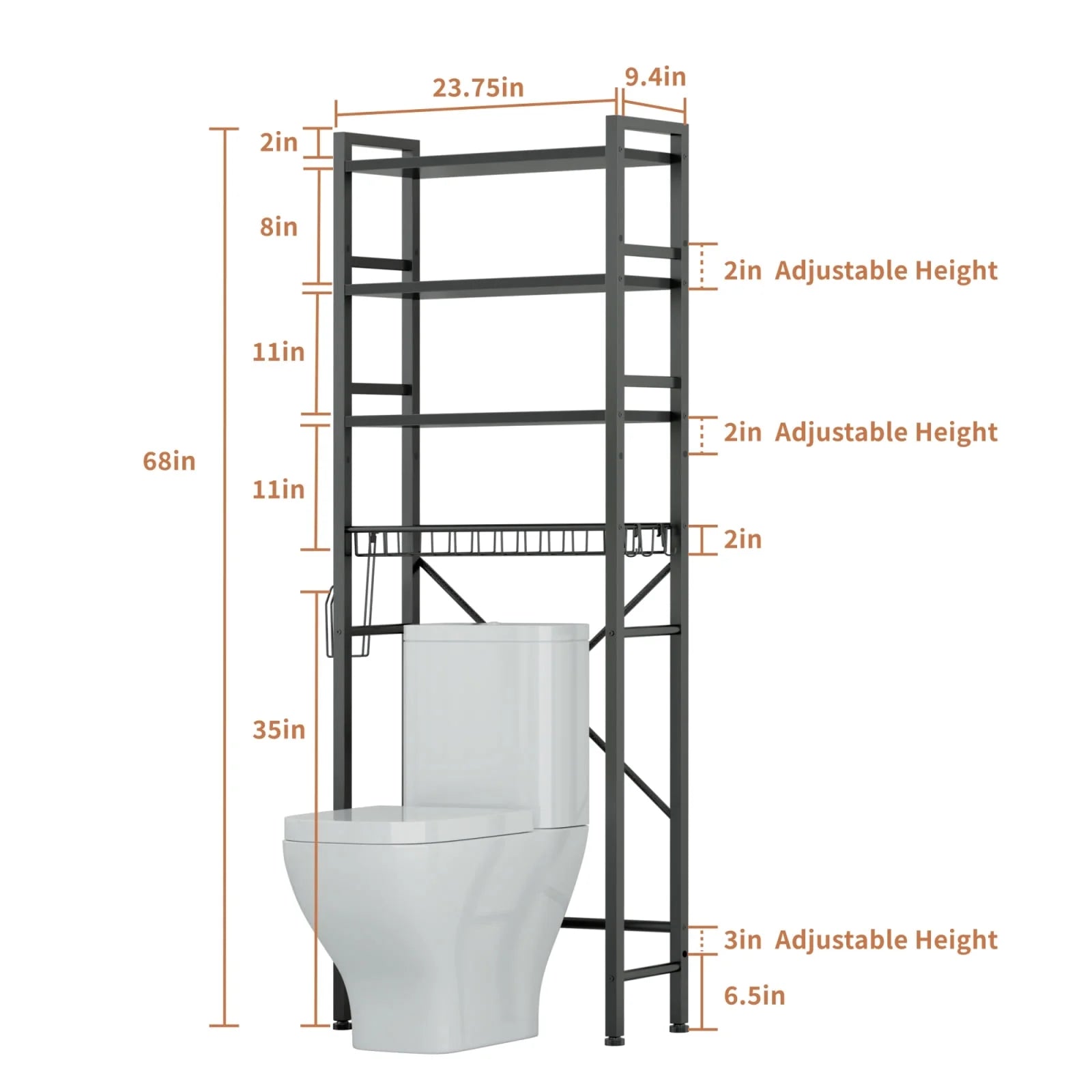 Black 4-Tier Over-the-Toilet Storage Organizer – Freestanding Bathroom Space Saver