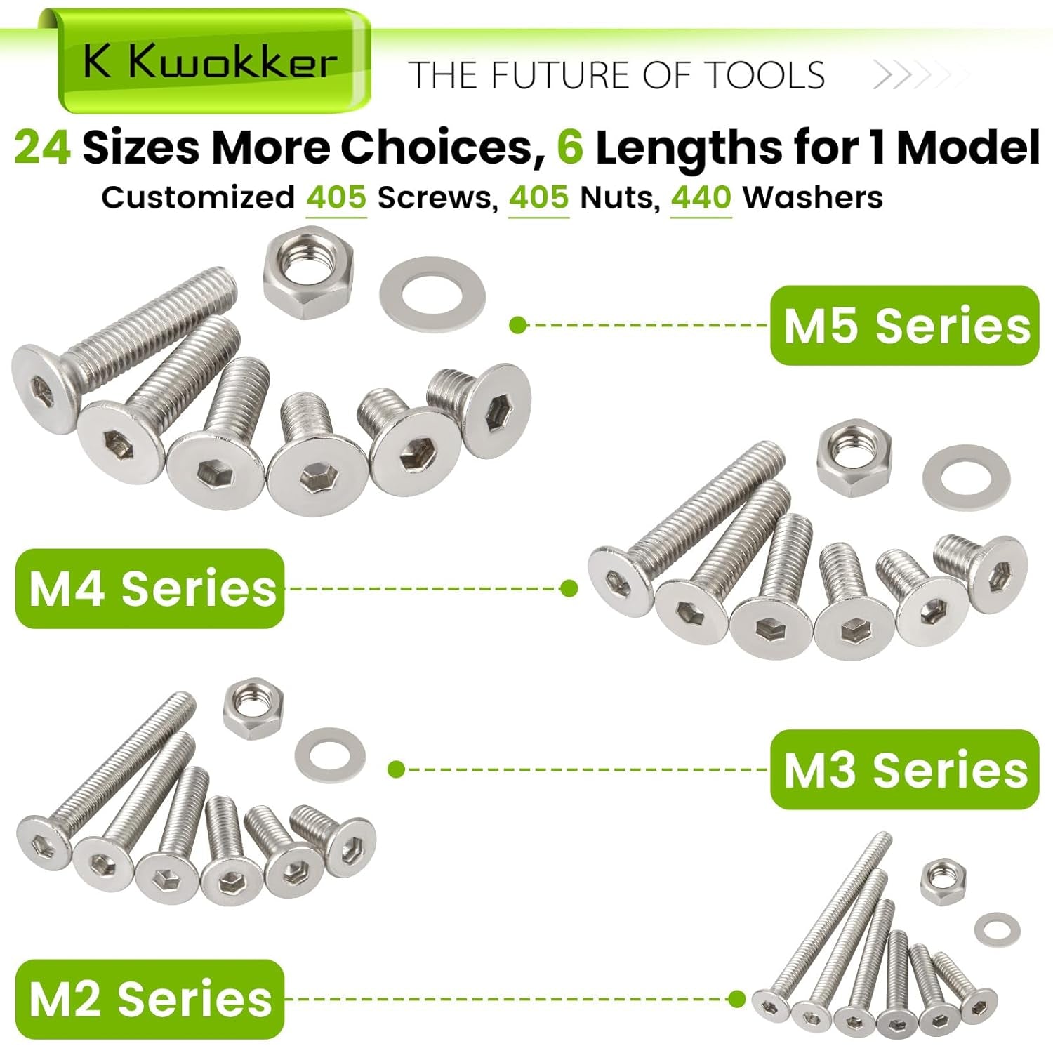 24-Size M2–M5 Hex Socket Flat Head Screw & Nut Kit – 304 Stainless Steel, 8mm–25mm