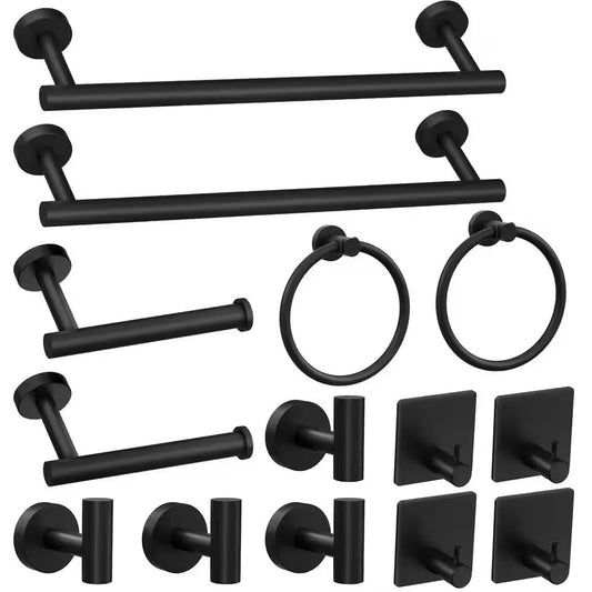 14-Piece Bathroom Accessory Set in Black – Stainless Steel Towel Bar, Ring & Wall Hardware