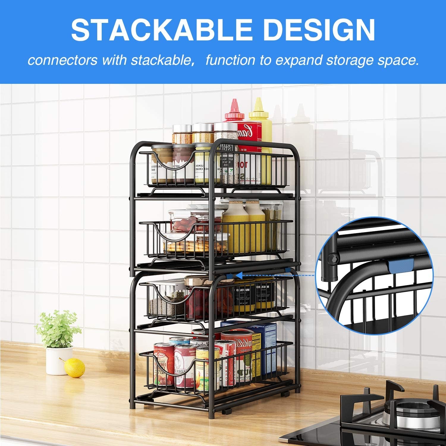 2-Tier Pull-Out Cabinet Organizer – Stackable Sliding Drawer, Black