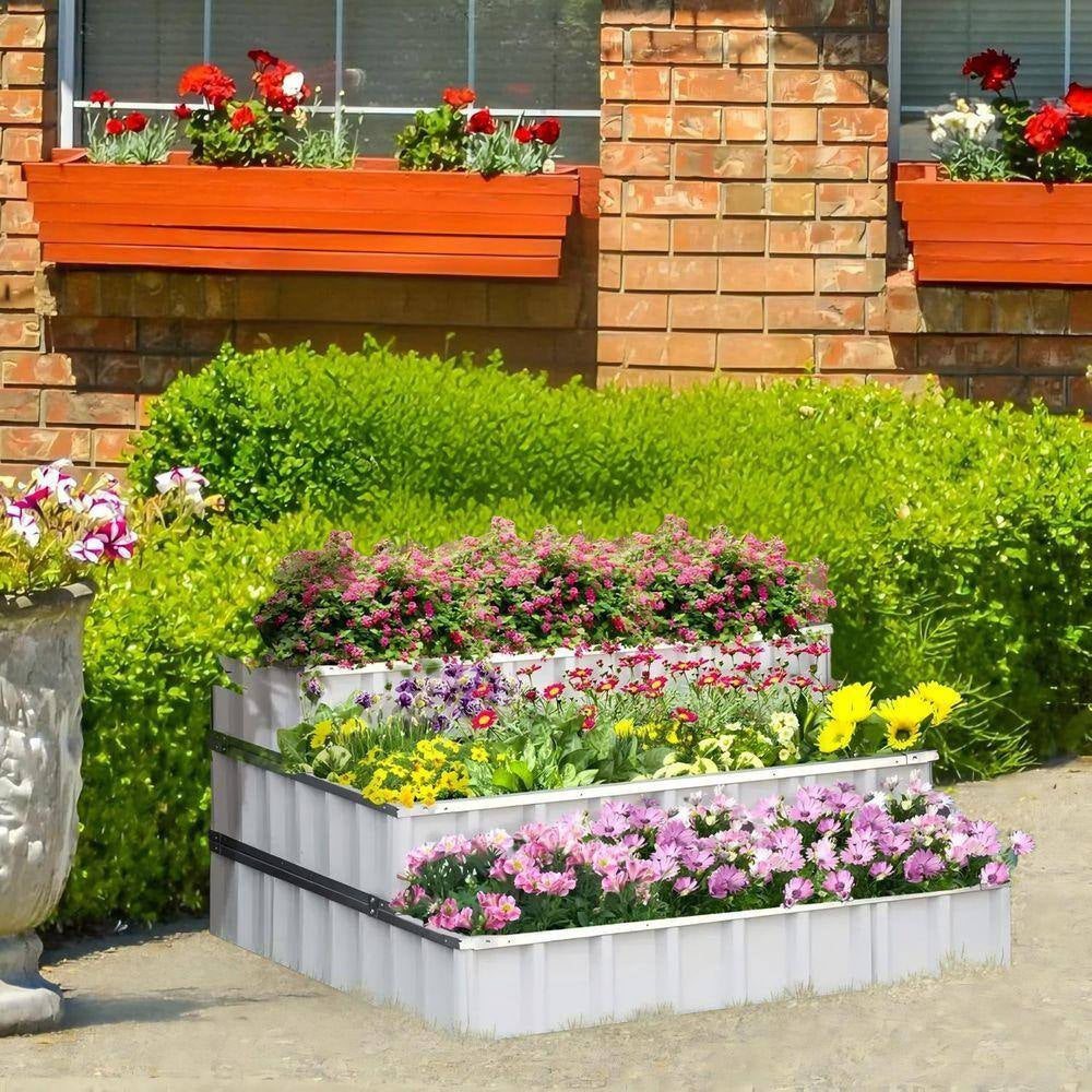 47×47×25 In. 3-Tier Metal Raised Garden Bed Kit with Gloves for Vegetables & Herbs – White