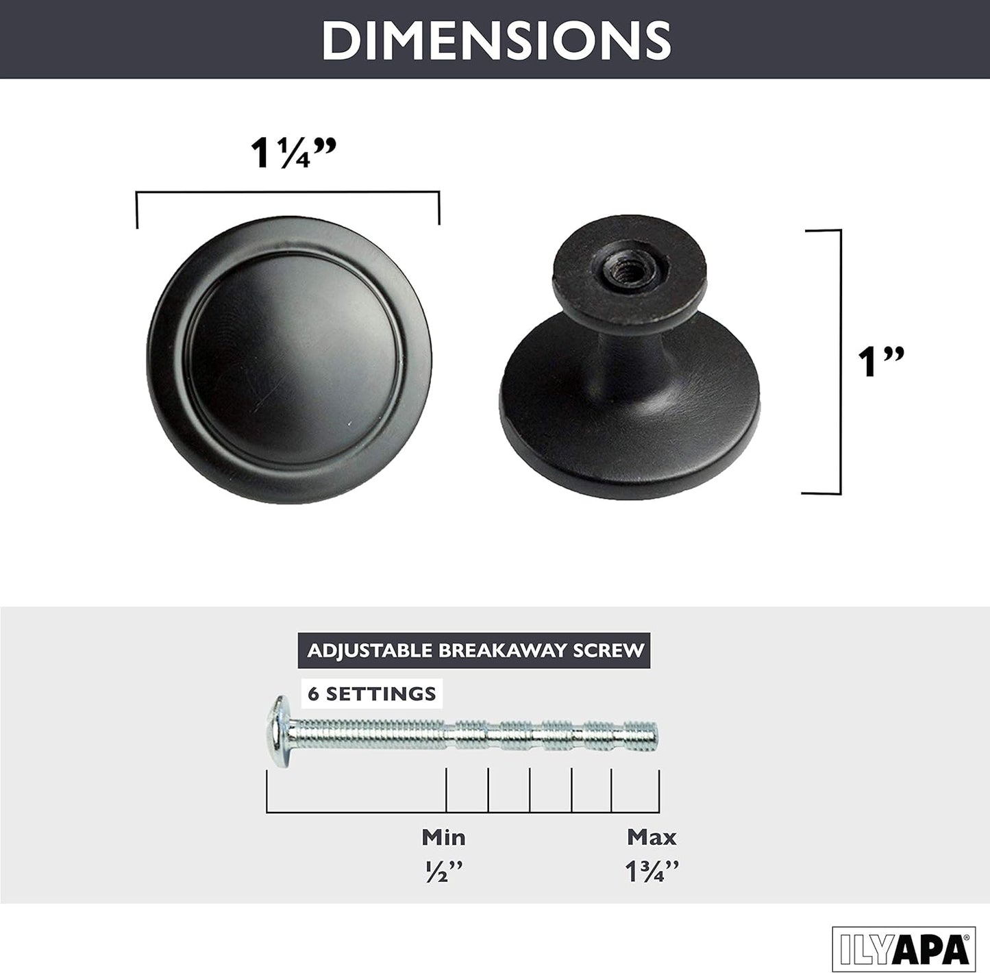 Flat Black Cabinet Knobs – 1.25" Round Drawer Handles (10 Pack)