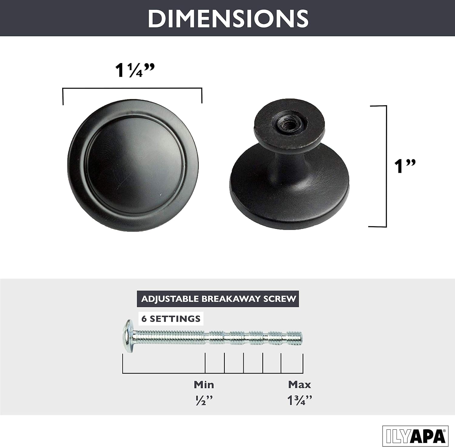 Flat Black Cabinet Knobs – 1.25" Round Drawer Handles (10 Pack)