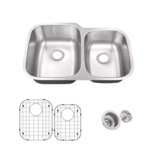 31.5 In. 60/40 Double Bowl 16 Gauge Stainless Steel Undermount Kitchen Sink Package with Accessories