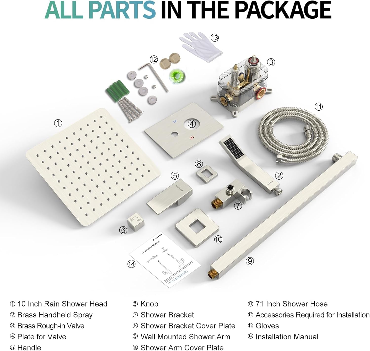 10” Square Rain Shower Faucet Set with Handheld Spray – Brushed Nickel, Wall-Mounted