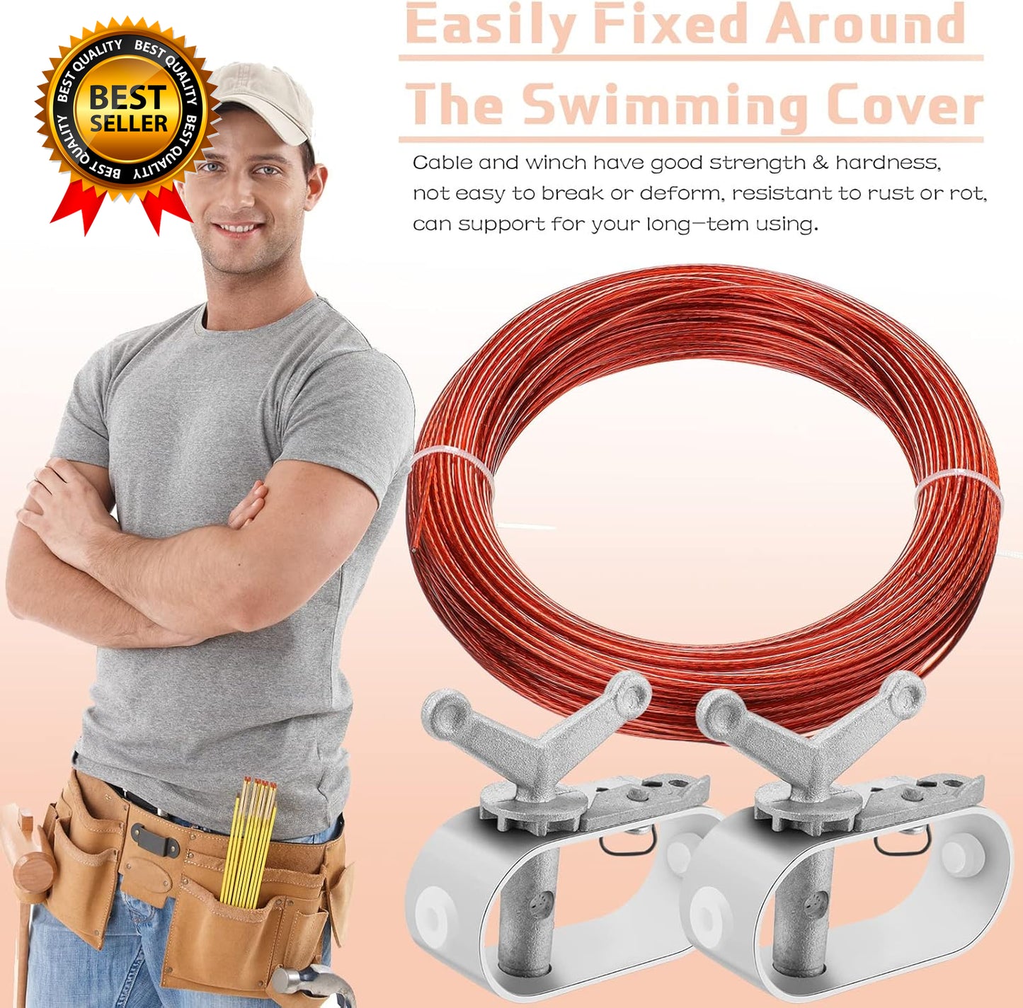 2-Piece Swimming Pool Cover Winch & Cable Kit – 4-Piece Pool Cover Cable Set