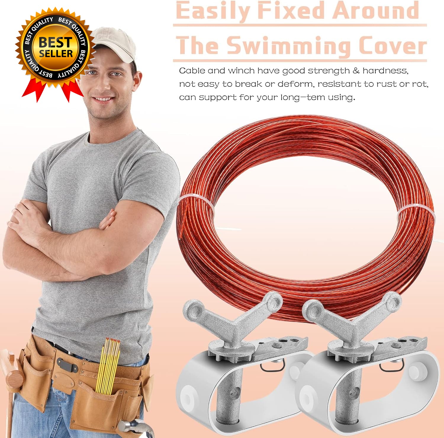 2-Piece Swimming Pool Cover Winch & Cable Kit – 4-Piece Pool Cover Cable Set