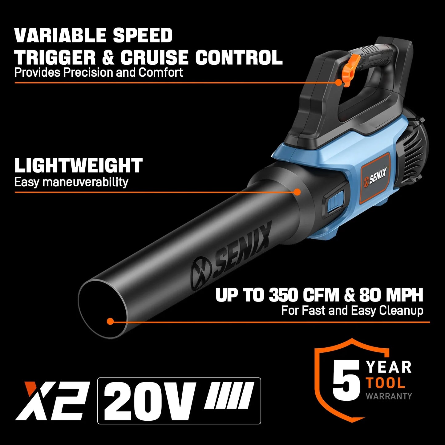 20 Volt Max* Cordless Leaf Blower, up to 350 CFM and 80 MPH, Variable Speed, Lightweight, (Tool Only) BLAX2-M-0