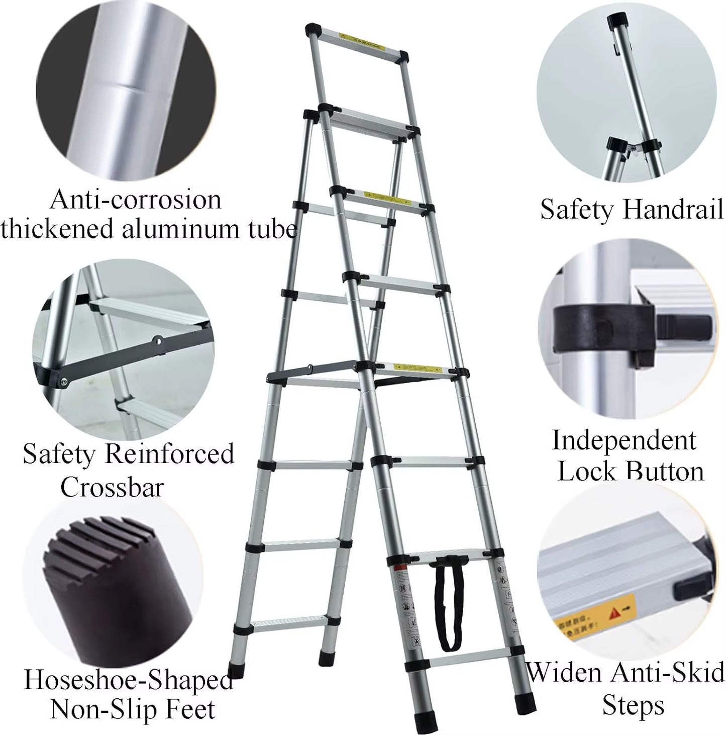 6+7 Step Telescopic Aluminum Extension Ladder – A-Frame Multi-Purpose Folding Ladder, Anti-Slip, 150kg Capacity