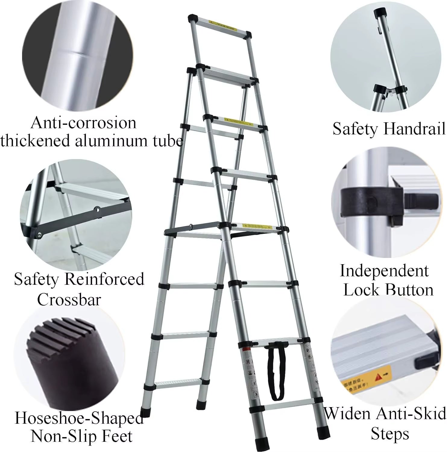 6+7 Step Telescopic Aluminum Extension Ladder – A-Frame Multi-Purpose Folding Ladder, Anti-Slip, 150kg Capacity