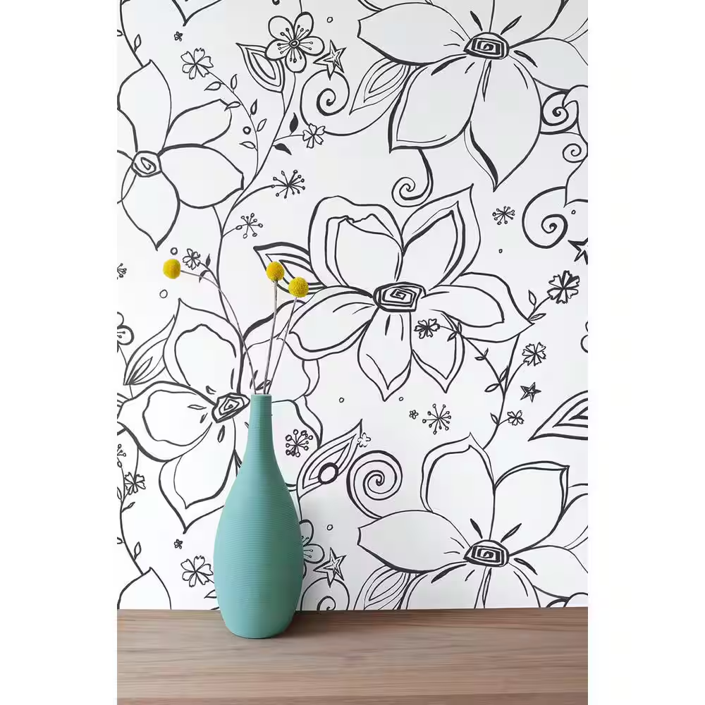 Linework Floral Black Vinyl Peelable Roll (Covers 30.75 Sq. Ft.)