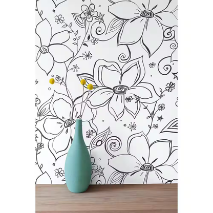 Linework Floral Black Vinyl Peelable Roll (Covers 30.75 Sq. Ft.)