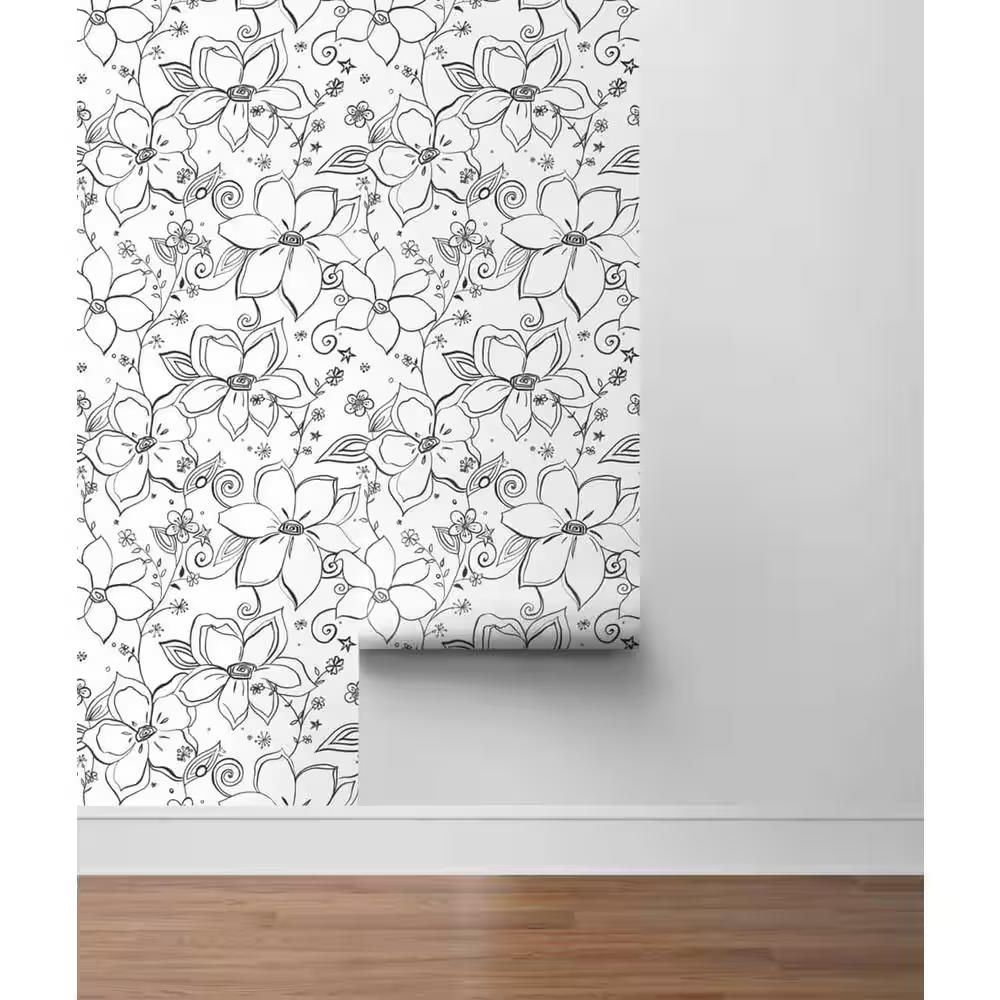 Linework Floral Black Vinyl Peelable Roll (Covers 30.75 Sq. Ft.)