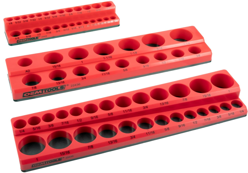3 Piece SAE Magnetic Socket Tray Set, Magnetic Socket Organizers for Toolboxes, Rubberized Base, Holds up to 68 Sockets, Red Socket Holder